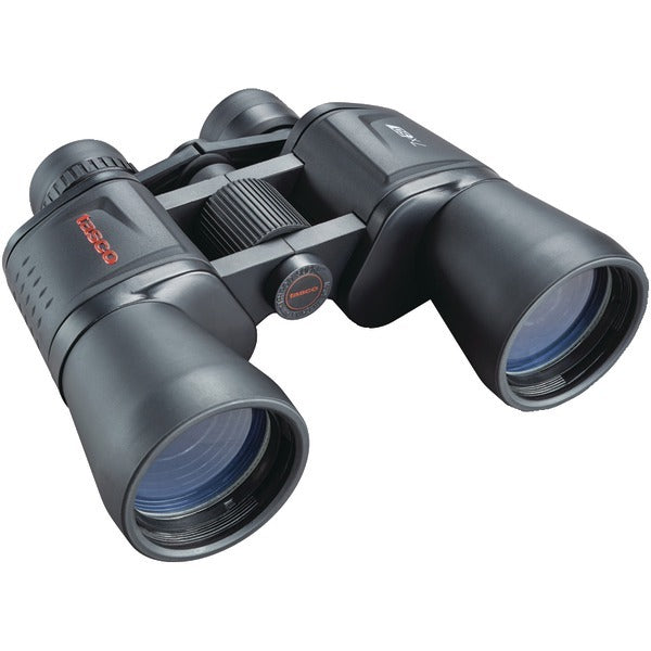 A pair of Tasco 170125 Essentials 12x 50mm Porro Prism Binoculars on a white background, with fully coated lenses.