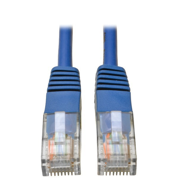 A pair of blue Tripp Lite N002-003-BL CAT-5E Molded Patch Cables on a white background by Tripp Lite.