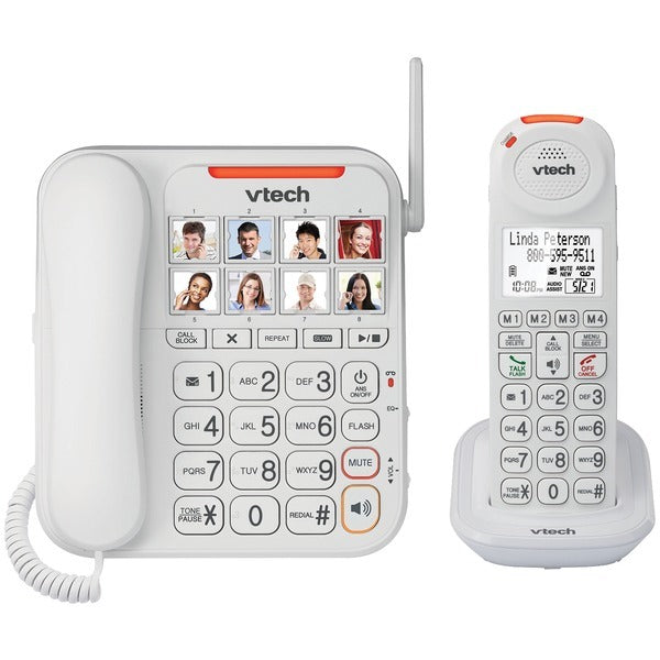 A white telephone with a corded phone next to it, featuring the VTech VTSN5147 Amplified Corded/Cordless Answering System with Big Buttons & Display.
