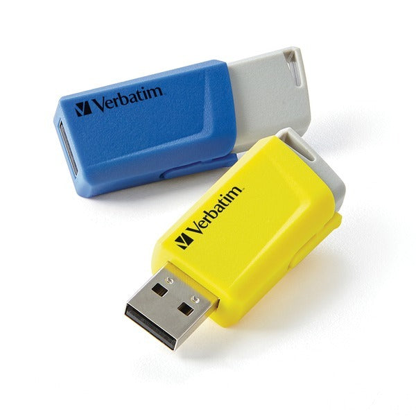 A Verbatim 70376 16 GB Store 'n' Click USB flash drive, colored yellow and blue, next to each other.