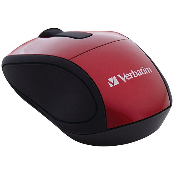 A Verbatim 97540 wireless mini travel mouse in red and black on a white background.