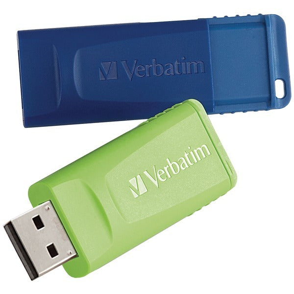 A Verbatim 98713 16GB Store 'n' Go USB Flash Drive (2 pk; Blue & Green) and a blue USB Flash Drive, both with 16GB storage capacity, placed next to each other.