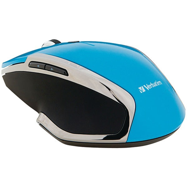 A Verbatim 99016 Wireless Notebook 6-Button Deluxe Blue LED Mouse (Blue) with a scroll wheel on a white background.
