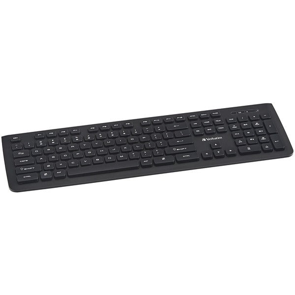 The Verbatim 99793 Wireless Slim Keyboard, with a sleek black design, is featured against a clean white background. It offers the convenience of a 2.4GHz wireless connection for seamless connectivity.
