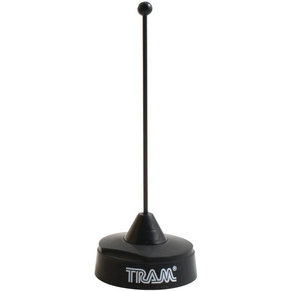 A black pole with a Tram 1126-B 200-Watt Pretuned 410 MHz to 490 MHz Black-Nut-Type Quarter-Wave Antenna with NMO Mounting on it.