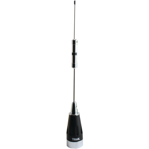 A Tram 1159-WB 136 MHz to 174 MHz Pretuned Gain Antenna, mounted via NMO mounting, showcasing its gain on a white background.