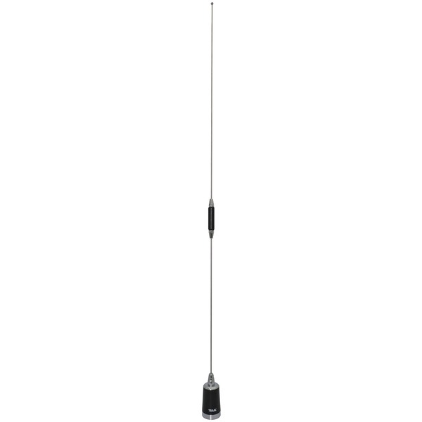 A Tram 1180 150-Watt Pretuned Dual-Band 144 MHz to 148 MHz VHF/430 MHz to 450 MHz UHF Amateur Radio Antenna with NMO Mounting, with a metal pole and a black handle, featuring NMO Mounting.