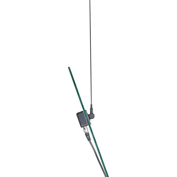 A Tram 1189 50-Watt Pretuned 150 MHz to 158 MHz VHF Radio Antenna Kit with Glass Mount and Cable with a green wire attached to it.