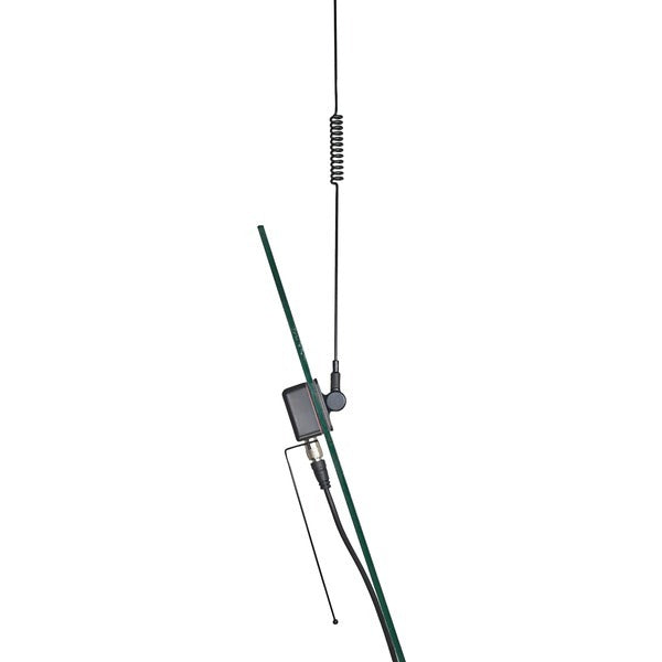 A Tram 1191 50-Watt Pretuned Dual-Band 144 MHz to 148 MHz VHF/440 MHz to 450 MHz UHF Amateur Radio Antenna Kit with Glass Mount and Cable with a wire attached to it.