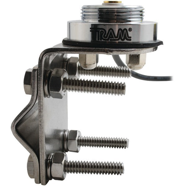 A metal bracket with screws and bolts on it, designed for securely mounting the Tram 1249 NMO Mirror Mount Kit with 17ft Coaxial Cable.