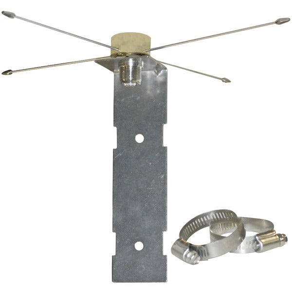 A metal antenna with a Tram 1465 NMO Mount to UHF-Female Connector Ground Plane Kit attached to it.