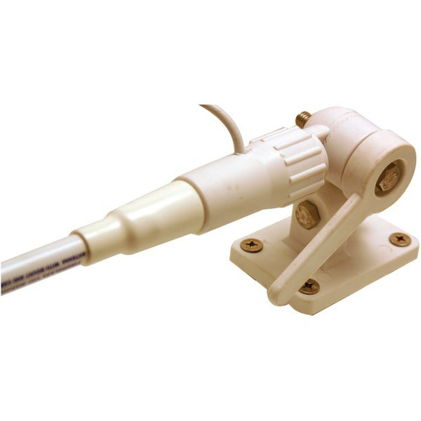 A Tram 1610-HC Pretuned VHF 3-dBd-Gain Marine Rachet-Mount 5-Foot Fiberglass Antenna with RG58 Cable and PL-259 Connector, designed for marine band frequencies.