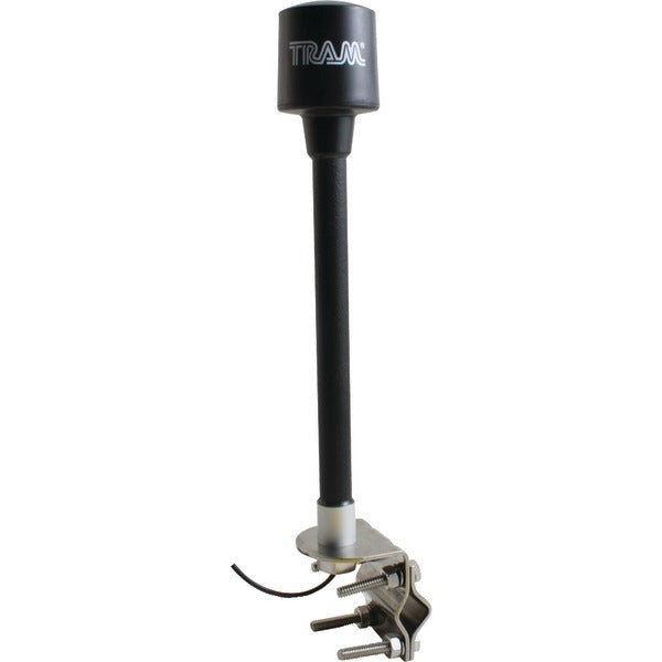 A black Tram 7743 Satellite Radio Mirror-Mount Antenna with RG174 Coaxial Cable and SMB-Female Connector, designed for satellite radio antennas.
