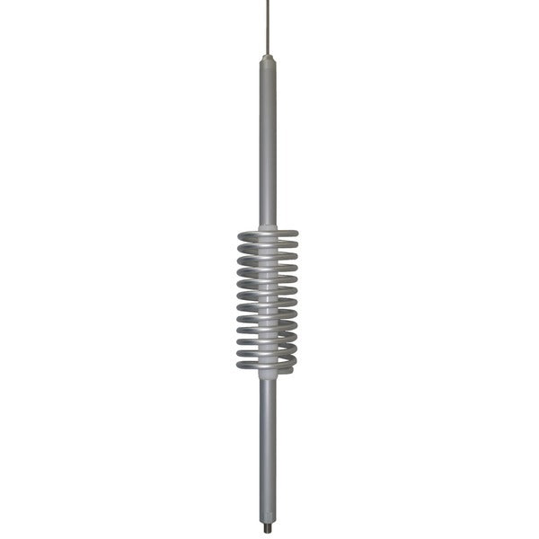 A Tram TC-6 TramCat TC-6 15,000-Watt Trucker Aluminum CB Antenna with a 35-1/2-In. Stainless Steel Whip and 6-In. Shaft attached to a metal rod.