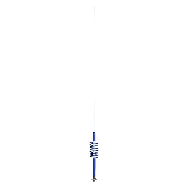 The Tram WC-6 2,000-Watt WILDCAT Trucker CB Antenna with 6-In. Anodized Aluminum Shaft with Extremely Low SWR and Long-Distance Transmit and Receive (Blue), featuring a blue and white design, is ideal for long-distance transmit and receive needs. It stands out against a clean white background.