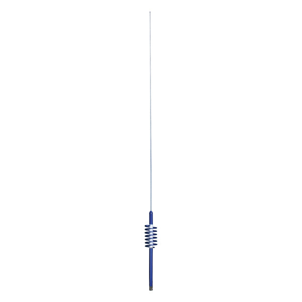A blue Tram WC-9-BL WC-9 2,000-Watt WILDCAT Trucker CB Antenna with 9-In. Anodized Aluminum Shaft with Extremely Low SWR and Long-Distance Transmit and Receive (Blue) on a white background.