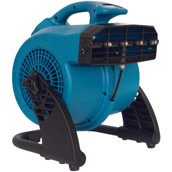 A XPOWER FM-48 FM-48 3-Speed 144-Watt Portable Outdoor Misting Fan on a stand.