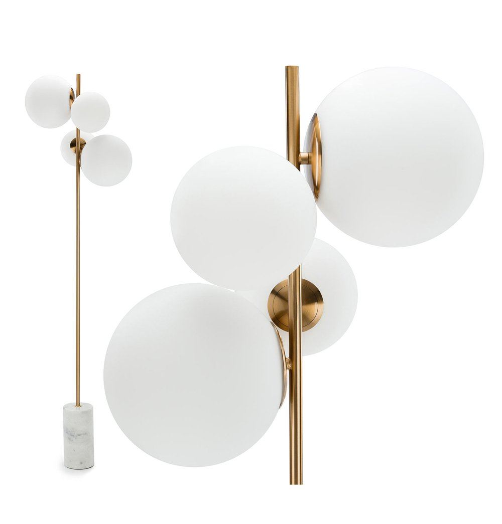 A Soili Marble Floor Lamp by ModernMazing with three spheres and a gold base.