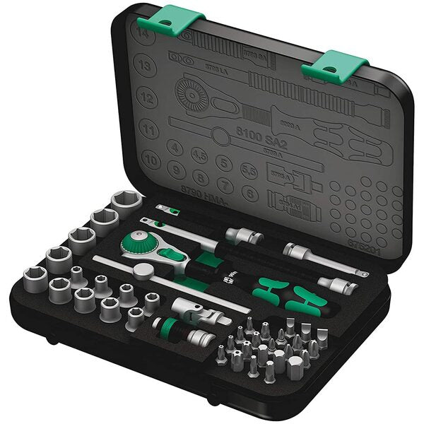 A Wera Metric 1/4" Drive Speed Ratchet Set (42-Piece Set) with green tools in a case.