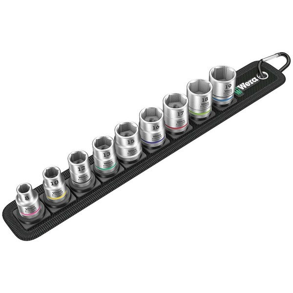A Wera 1/4" Metric Sockets - On Storage Belt (9 Piece) in a black holder.