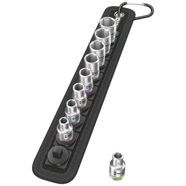 A Wera 1/4" Metric Sockets - On Storage Belt (9 Piece) in a black holder.