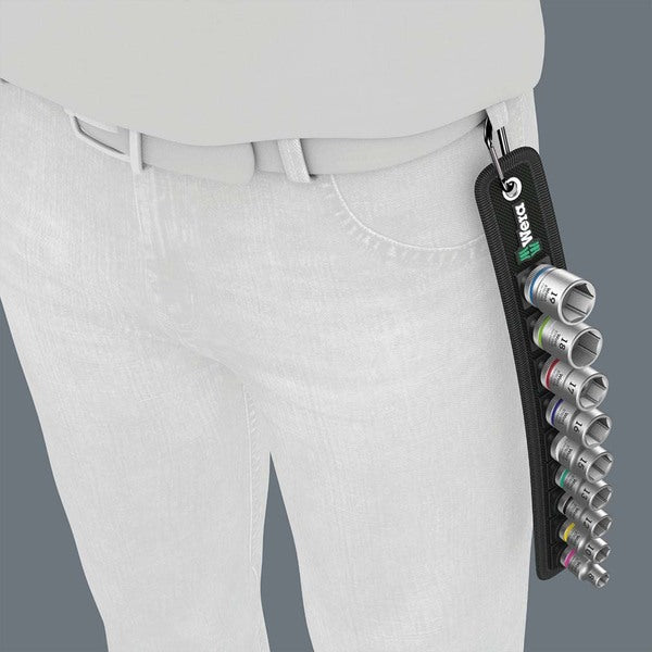 A Wera 1/4" Metric Sockets - On Storage Belt (9 Piece) in a black holder.