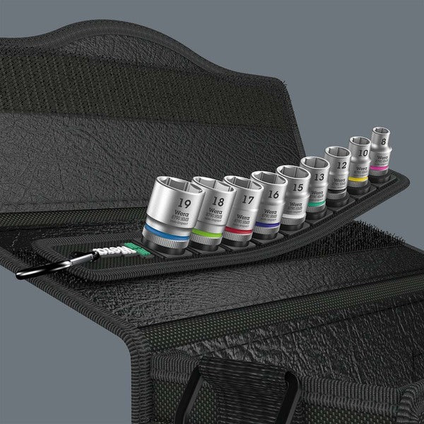 A Wera 1/4" Metric Sockets - On Storage Belt (9 Piece) in a black holder.