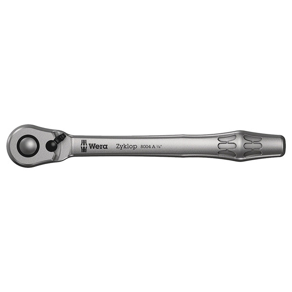 A Wera Zyklop 1/4 Metal Ratchet with a metal handle on a white background.