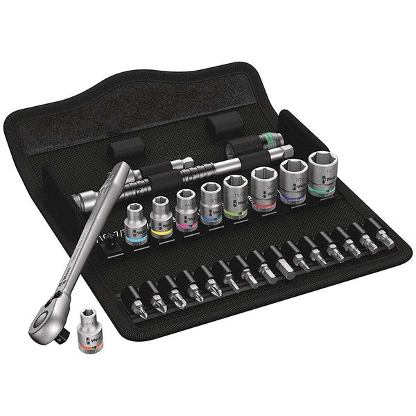 A Wera SAE 1/4" Drive Ratchet Set (28 Piece) in a black case.
