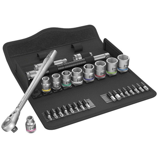 A black case containing a set of sockets, including the Wera Metric 3/8" Drive Ratchet Set (29 Piece).