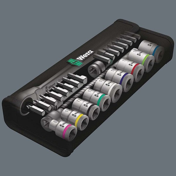 A black case containing a set of sockets, including the Wera Metric 3/8" Drive Ratchet Set (29 Piece).