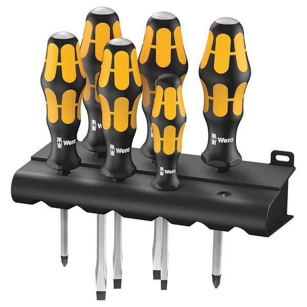 A Wera Chiseldriver Screwdriver Rack 6 Piece Set in a black holder.