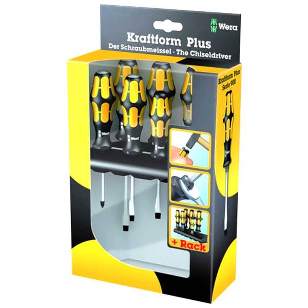 A Wera Chiseldriver Screwdriver Rack 6 Piece Set in a black holder.