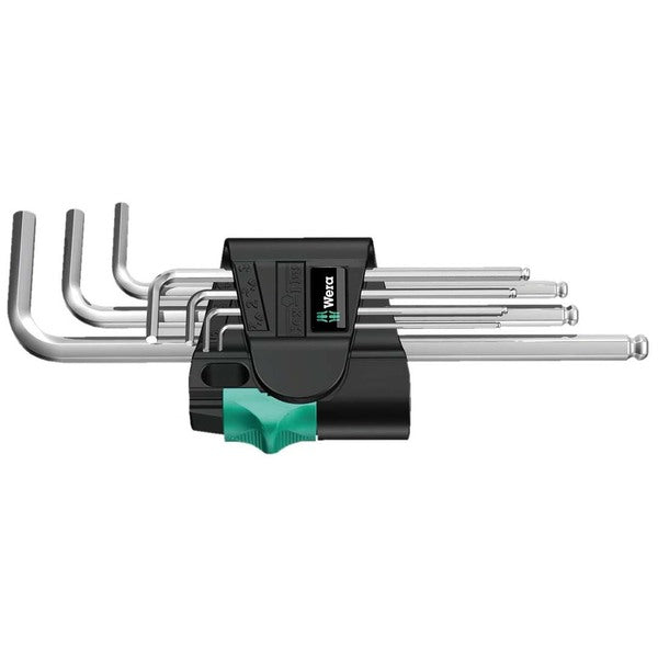 A set of Wera Hex-Plus Chrome-Plated Long Shaft Metric L-Key Allen Wrench (7-Piece Set) with a green handle.
