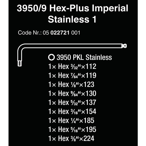 A Wera SAE (Imperial) Stainless Steel L-Key Set (9 Piece Set) in a pouch.