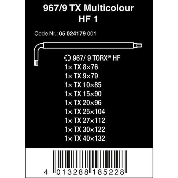 A set of Wera TORX L-Key Wrenches (9-Piece), featuring a colour coding system for easy identification and corrosion protection.