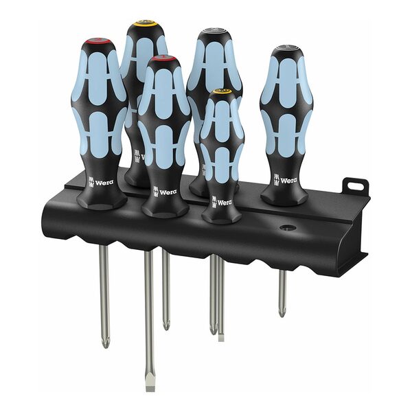 A Wera Screwdriver Set with Rack (6-Piece Set) in a black holder.