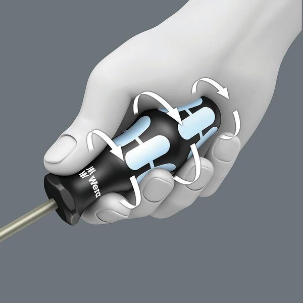A Wera Screwdriver Set with Rack (6-Piece Set) in a black holder.