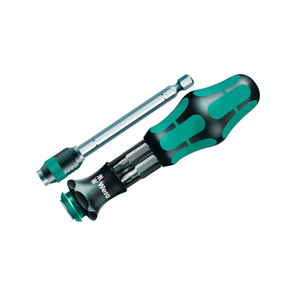 Wera 7-In-1 Bitholding Screwdriver with Removable Bayonet Blade set in a case.