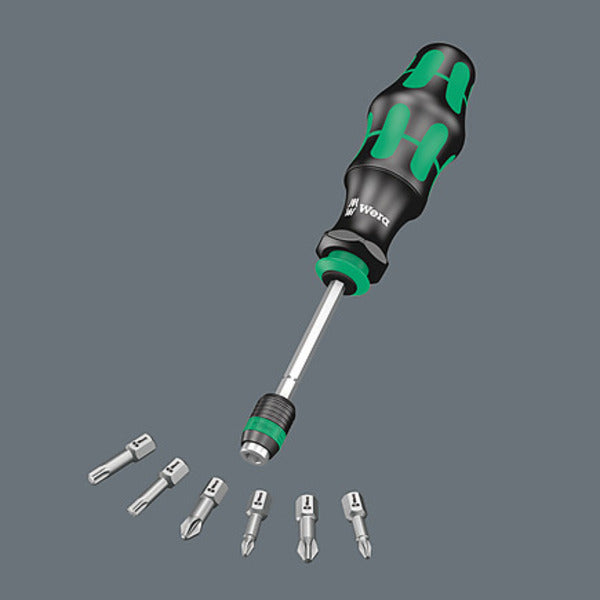 Wera 7-In-1 Bitholding Screwdriver with Removable Bayonet Blade set in a case.