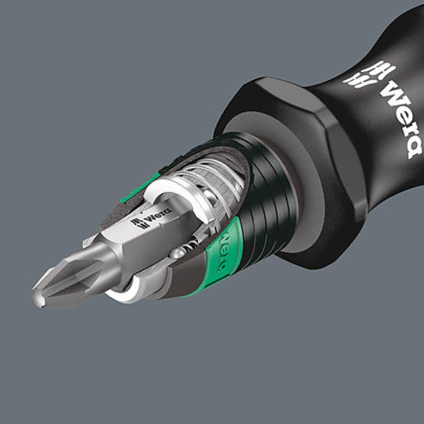 Wera 7-In-1 Bitholding Screwdriver with Removable Bayonet Blade set in a case.