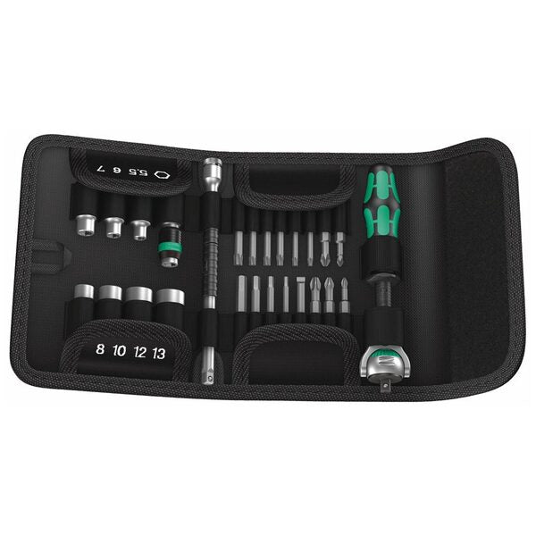 A black case containing the Wera Metric 1/4 Drive Speed Ratchet Set (26-Piece Set) of screwdrivers.