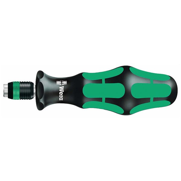 A green and black Wera Bitholding Screwdriver Handle with Rapidaptor Quick-Release Chuck.