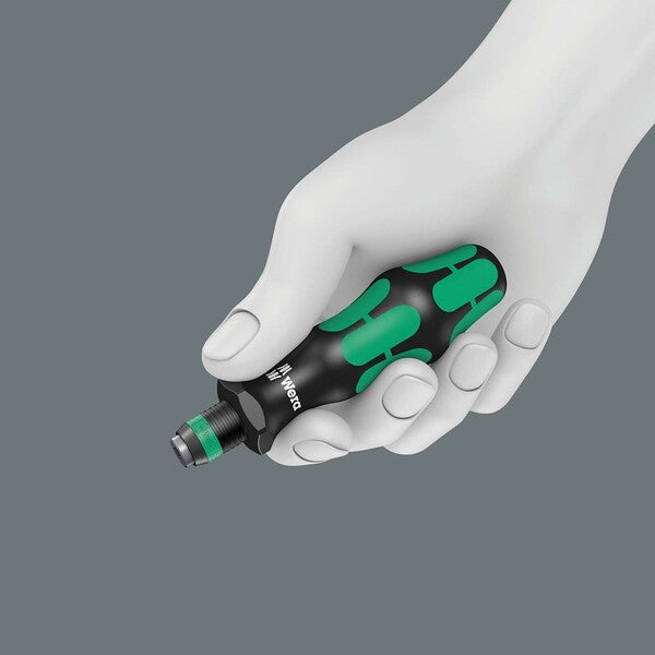 A green and black Wera Bitholding Screwdriver Handle with Rapidaptor Quick-Release Chuck.