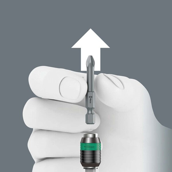 A green and black Wera Bitholding Screwdriver Handle with Rapidaptor Quick-Release Chuck.