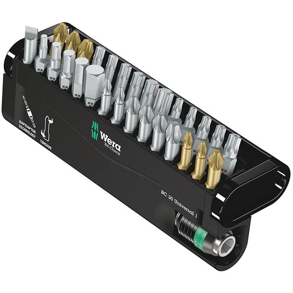 A black Wera BC Universal Rapidaptor Bit-Check (30-Piece Set) holder with a set of tools in it.