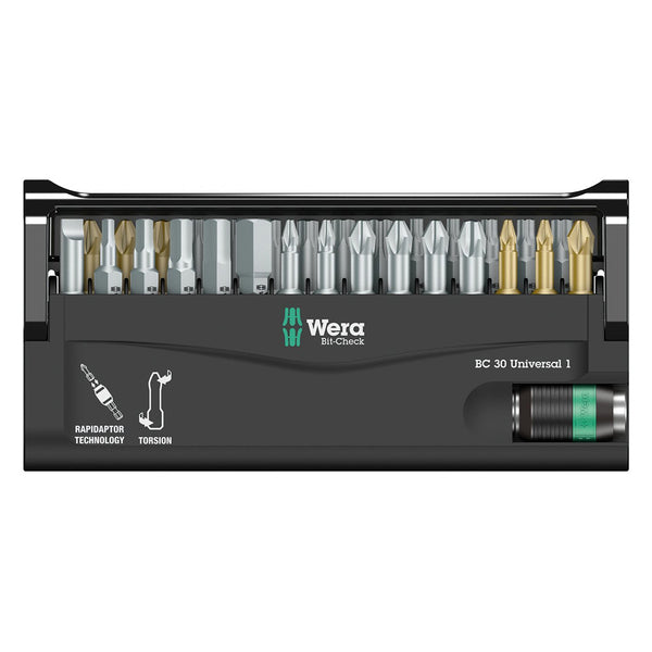 A black Wera BC Universal Rapidaptor Bit-Check (30-Piece Set) holder with a set of tools in it.
