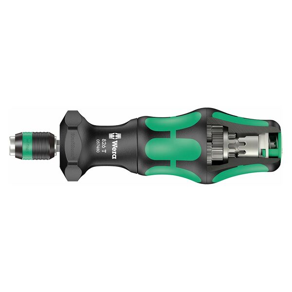 A black and green Wera Bit-holding Screwdriver Handle with Rapidaptor Quick-Release.