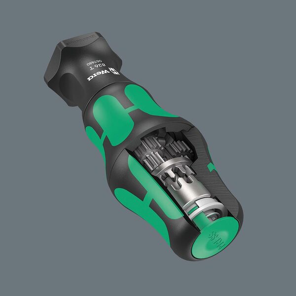 A black and green Wera Bit-holding Screwdriver Handle with Rapidaptor Quick-Release.