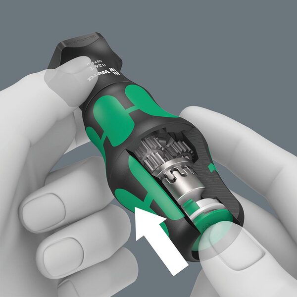 A black and green Wera Bit-holding Screwdriver Handle with Rapidaptor Quick-Release.